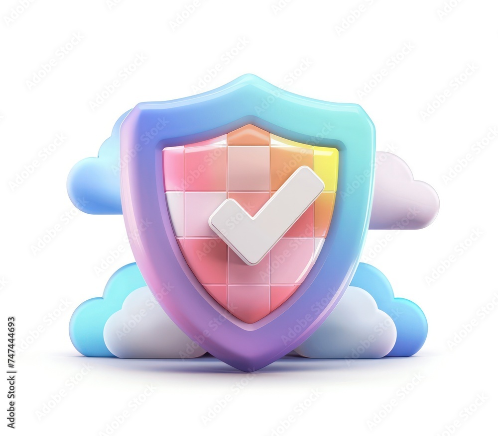 Poster a shield with a check mark in the clouded sky, isolated white background, a 3d rendered blue rounded