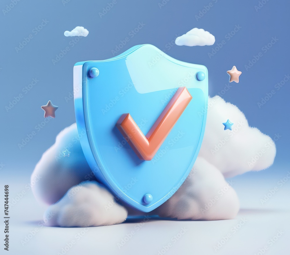 Poster a shield with a check mark in the clouded sky, isolated white background, a 3d rendered blue rounded