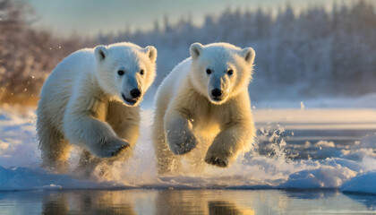 Arctic Adventure: Two Bears Frolicking Amidst Glacial Landscapes
