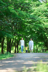 手を繋いで公園を歩く家族