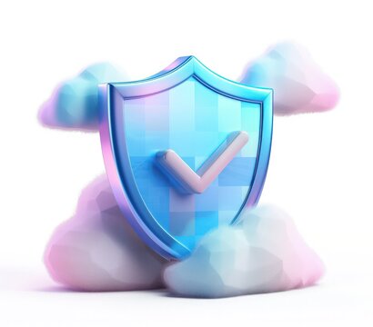a shield with a check mark in the clouded sky, isolated white background, a 3d rendered blue rounded square button, playful and colourful and bubbly pixelated