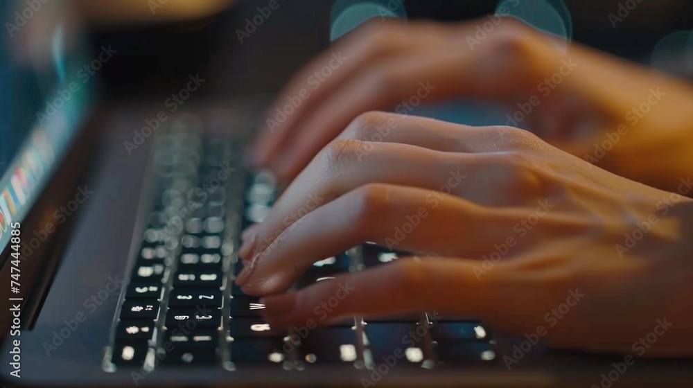Poster Close up of a person typing on a laptop. Suitable for technology and workspace concepts