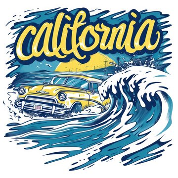 a surfing t-shirt template featuring an ocean image, with text california on it, white background