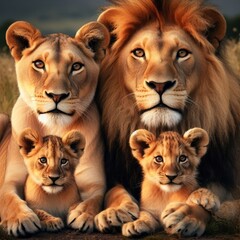 Fototapeta premium lions lioness baby lions