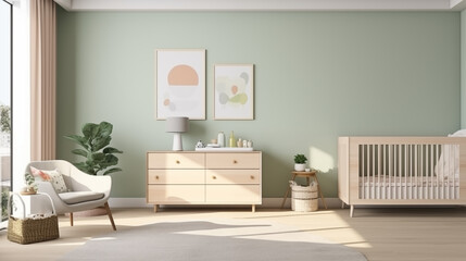 Jasny przytulny pokój dziecka w stylu minimalistycznym skandynawskim z mockupem obraz - dekoracje na ścianie. Zielone miętowe odcienie kolory wnętrza. Render 3d. Wizualizacja	