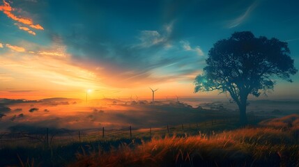 Sunrise over pastures with wind turbines in this dreamlike illustration. A serene sunset at a misty in futuristic landscapes style - obrazy, fototapety, plakaty