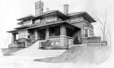 architecture: Prairie-style home in the American Midwest, architectural sketch
