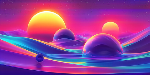 Fantastic abstract landscape background pattern. Cyberpunk and vaporwave style. Purple, red, blue bright colors. Abstract horizontal banner. 80's graphic design style. Digital bitmap. AI artwork.