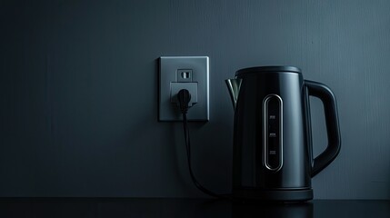 Modern kitchen setup: Electric kettle plugged into a power socket on a dark gray wall indoors. Ideal for stock images illustrating modern living, technology in the kitchen, and home convenience