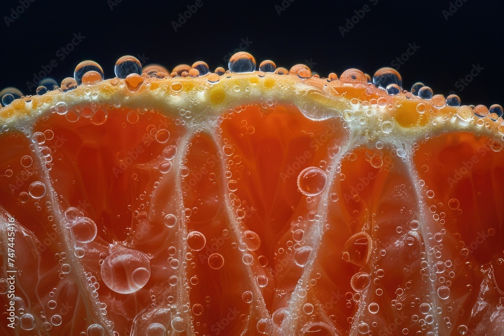 Poster fresh slice of orange with bubbles, perfect for food and drink concepts
