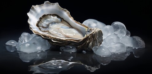 Fresh oysters on ice on a black background.