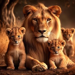 lions lioness baby lions - obrazy, fototapety, plakaty