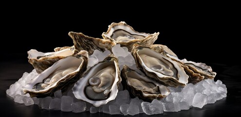 Fresh oysters on ice on a black background.