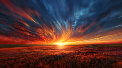 Fototapeta premium Beautiful landscape with Colorful Sunset Over a Field of Wheat