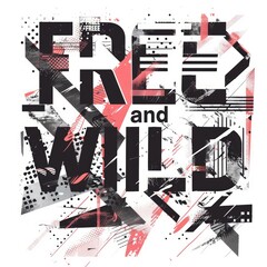 abstract design showing the words with text free and wild on it, white background, , in the style of stripes and shapes letterism, pixelated realism