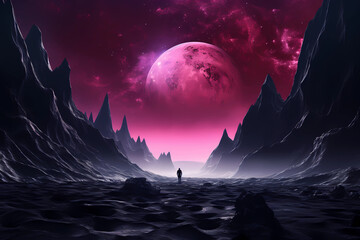 Against the jagged edge of an alien world, beneath a celestial expanse adorned with a large moon, the landscape unfolds, where deep pink and black intertwine to create a scene of otherworldly beauty