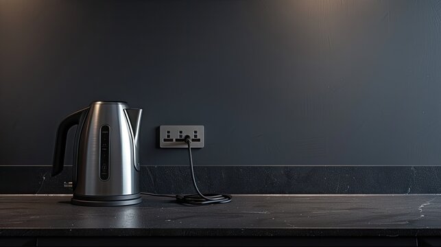 Modern kitchen setup: Electric kettle plugged into a power socket on a dark gray wall indoors. Ideal for stock images illustrating modern living, technology in the kitchen, and home convenience