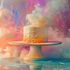 An abstract pastel landscape, where science's chaos and fractals' structure unite, highlights a whimsical cake, reflecting an ENTP's creative spirit