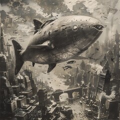 Whale-Shaped Airship Floating Above Futuristic Cityscape