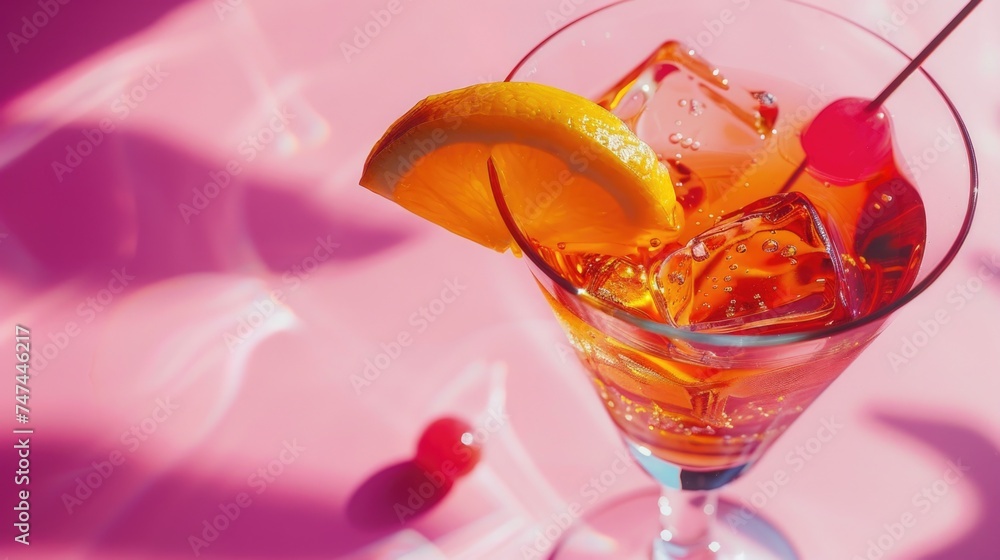 Poster a glass filled with a drink and a slice of lemon. suitable for food and beverage concepts
