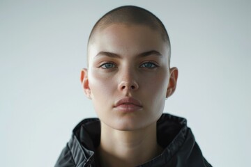 A woman with a shaved head and piercing blue eyes, suitable for various concepts