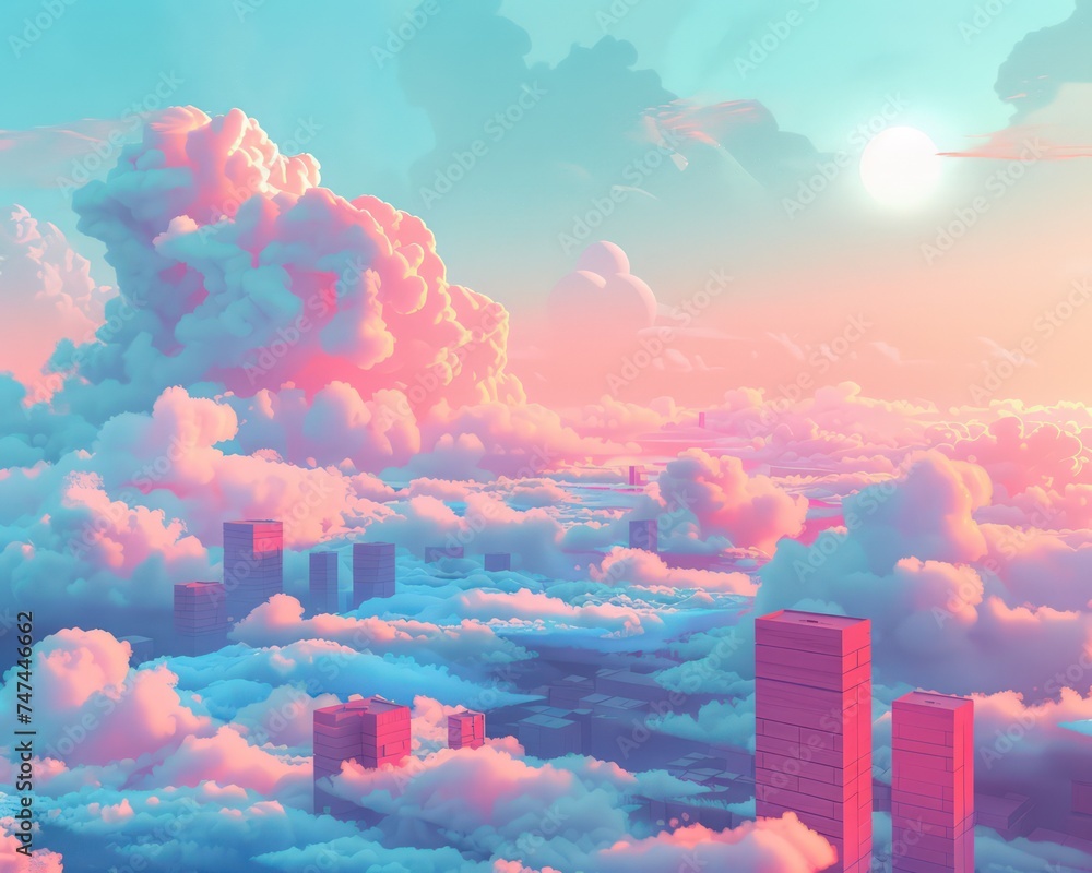 Poster clouds 3d data server with space between, in the style of minimalist pinky illustrator, soft and dre