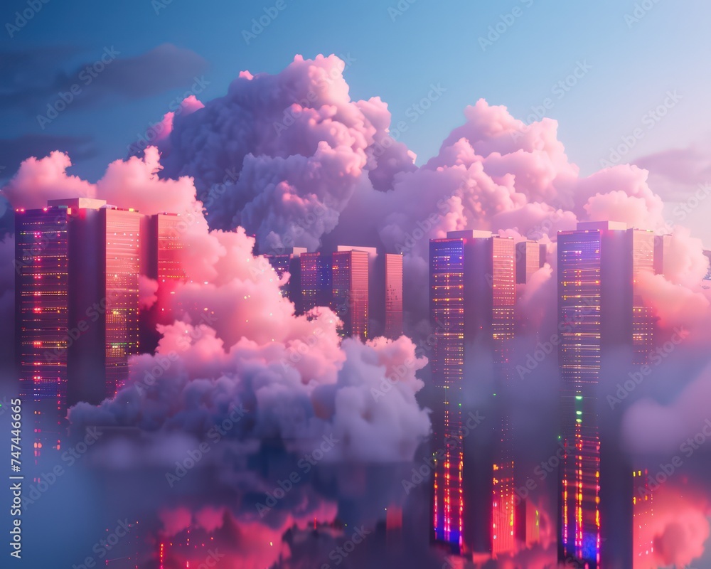 Poster clouds 3d data server with space between, in the style of minimalist pinky illustrator, soft and dre