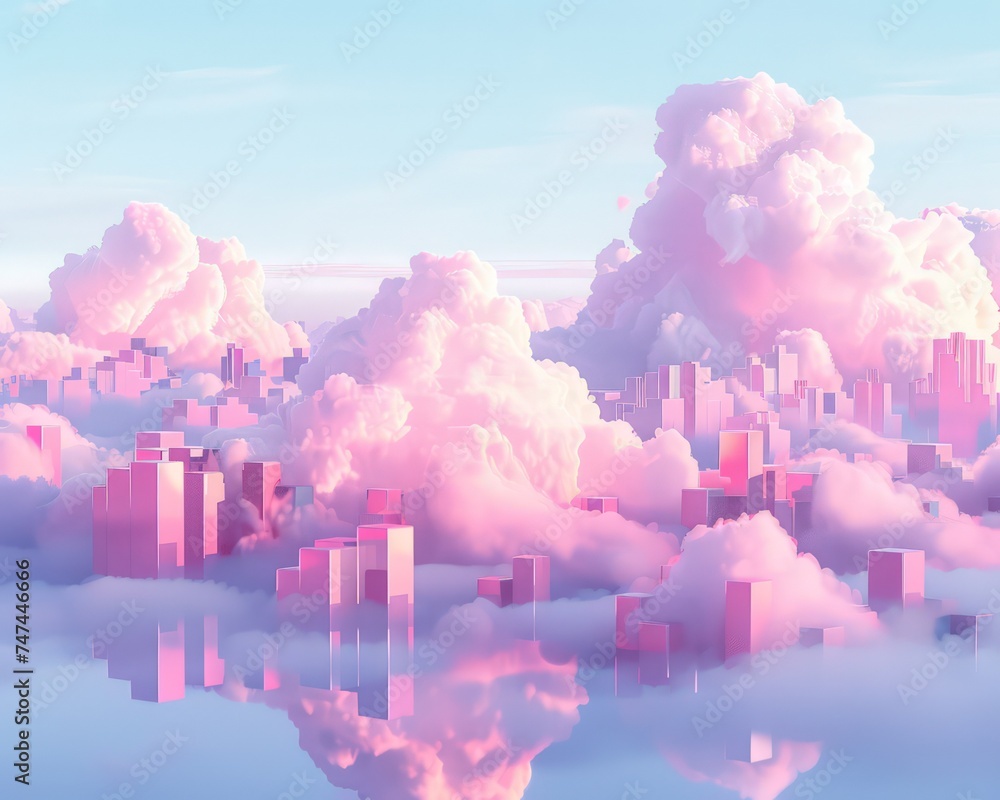 Poster clouds 3d data server with space between, in the style of minimalist pinky illustrator, soft and dre