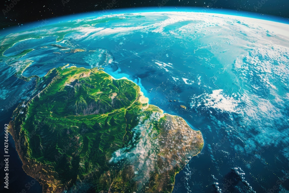 Poster a stunning view of earth from space with the sun shining in the background. perfect for science or a