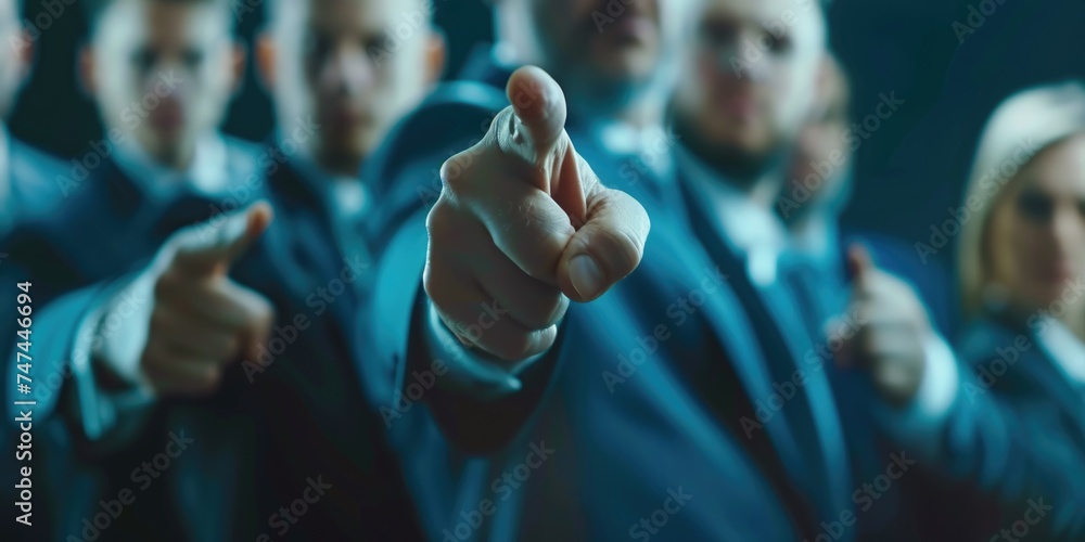 Poster group of people in suits pointing at something. suitable for business presentations