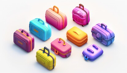 colorful luggage set with different types of attachments, isolated, white background, a 3d rendered rounded square button, playful