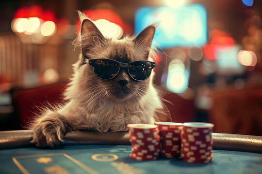A cat gambler in sunglasses at a high-stakes poker table