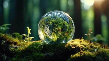 Obraz na płótnie Canvas A glass ball resting on moss in the forest, suitable for nature-themed designs