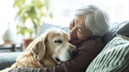 happy people at home with favorite pet , love and friendship of human and animal pragma