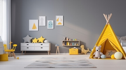 Jasny przytulny pokój dziecka w stylu boho mockup na obraz - dekoracje na ścianie. Szare i żółte kolory wnętrza. Render 3d. Wizualizacja	