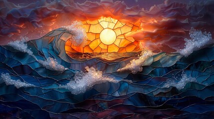 Background, stained glass style, sea waves and sunshine - obrazy, fototapety, plakaty
