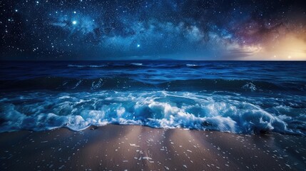 Celestial serenity: Sea waves rolling onto a sandy beach under a starry sky at night. Perfect for stock images capturing the tranquil beauty of a coastal landscape under the night sky