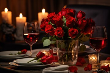 Elegant valentines day dinner setting with roses