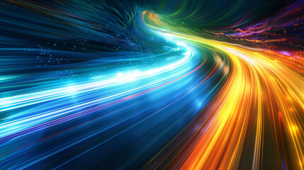 Obraz premium Abstract futuristic background, blending high-speed light trails with a technological essence, in cool tones of blue green an yellow