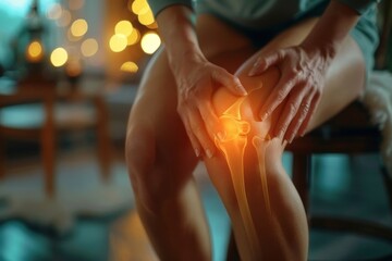 Close-up of a woman experiencing severe knee pain indicative of osteoarthritis or a leg injury - obrazy, fototapety, plakaty