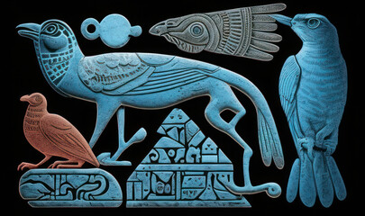 Ancient Egyptian Faience Figurines on Black Background - obrazy, fototapety, plakaty