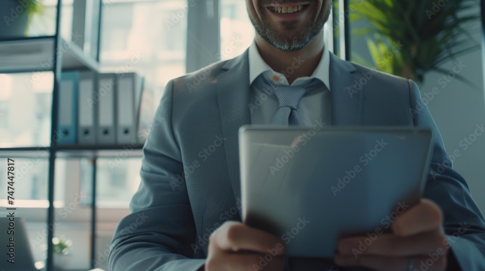 Poster A man in a suit holding a tablet computer. Suitable for business and technology concepts