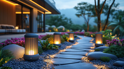 Modern gardening landscaping design details. Illuminated pathway in front of residential house. Landscape garden with ambient lighting system installation highlighting flowers plants 