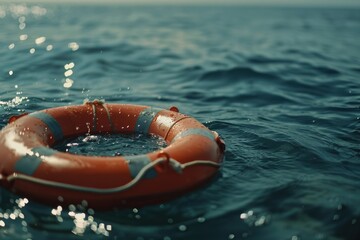 Life preserver floating in the ocean, suitable for water safety concepts