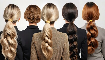 Various haircuts for woman with black hair - long straight, wavy, braided ponytail, small perm - obrazy, fototapety, plakaty