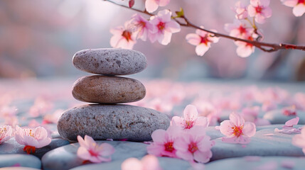 Fototapeta na wymiar Spring's serene minimalism Japanese Zen garden, with white sand, smooth stones, and sakura, embodying mindfulness in the morning