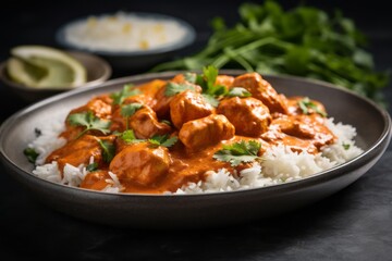 Detailed close-up photography of an exquisite chicken tikka masala on a porcelain platter against a white marble background. AI Generation