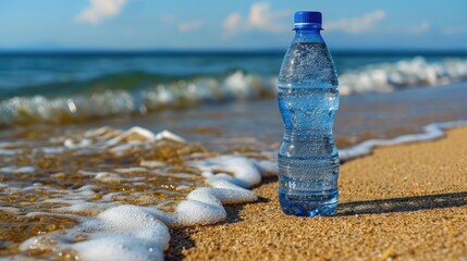Beachside refreshment: Plastic bottle on wet sand by the sea, offering seaside hydration. Ideal for stock images promoting coastal living and outdoor leisure. Space for text