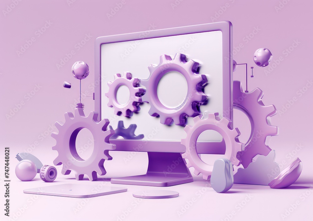 Poster html file a screen on white with gears around it, in the style of violet and bronze, toy style, angu