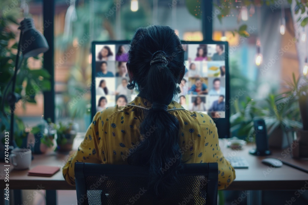 Poster A woman sitting at a desk in front of a computer. Suitable for office and technology concepts